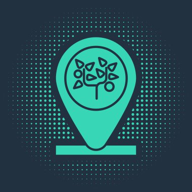 Mavi arkaplanda yeşil konum ve ağaç simgesi izole edildi. Soyut çember rastgele noktalar. Vektör İllüstrasyonu