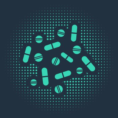 Mavi arka planda yeşil ilaç veya tablet ikonu var. Kapsül hapı ve uyuşturucu işareti. Eczane tasarımı. Soyut çember rastgele noktalar. Vektör İllüstrasyonu