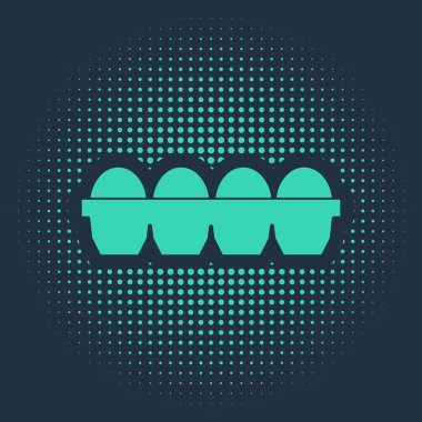 Mavi arka planda izole edilmiş kutu simgesindeki yeşil tavuk yumurtası. Soyut çember rastgele noktalar. Vektör İllüstrasyonu