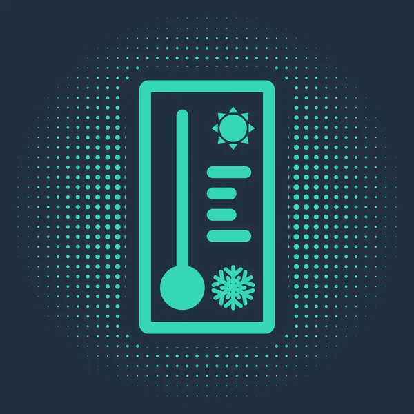 Πράσινο Μετεωρολογικό θερμόμετρο που μετρά τη θερμότητα και το κρύο εικονίδιο που απομονώνονται σε μπλε φόντο. Θερμομετρικό εξοπλισμό που δείχνει ζεστό ή κρύο καιρό. Αφηρημένες τυχαίες τελείες. Εικονογράφηση διανύσματος — Διανυσματικό Αρχείο