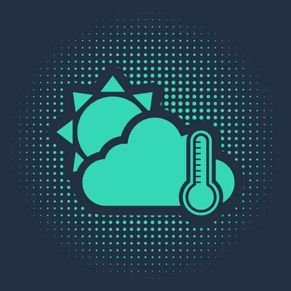 Green Thermometer and cloud with sun icon isolated on blue background. Abstract circle random dots. Vector Illustration — 스톡 벡터