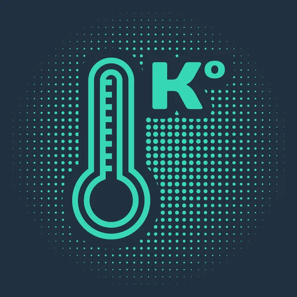 Green Meteorology thermometer measuring heat and cold icon isolated on blue background. Temperature Kelvin. Abstract circle random dots. Vector Illustration — Stock Vector