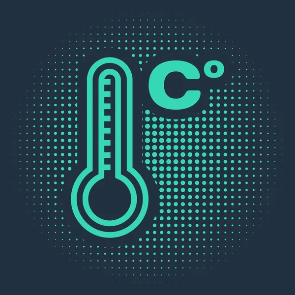 Termómetro de meteorología verde que mide el calor y el frío icono aislado sobre fondo azul. Temperatura Celsius. Puntos aleatorios de círculo abstracto. Ilustración vectorial — Vector de stock