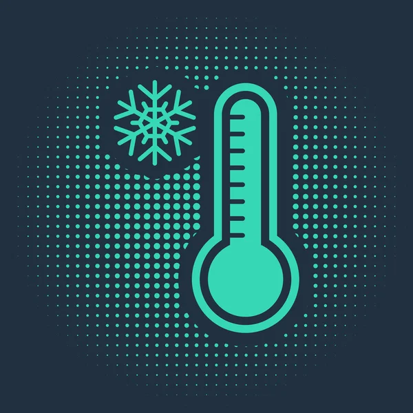 Grön meteorologi termometer mäta värme och kall ikon isolerad på blå bakgrund. Termometerutrustning som visar varmt eller kallt väder. Abstrakt cirkel slumpmässiga prickar. Vektor Illustration — Stock vektor