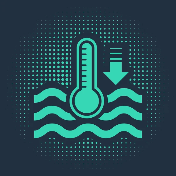 Isıyı ve soğuk ikonu ölçen yeşil su termometresi mavi arka planda izole edilmiş. Termometre termometresi sıcak ya da soğuk hava gösteriyor. Soyut çember rastgele noktalar. Vektör İllüstrasyonu — Stok Vektör