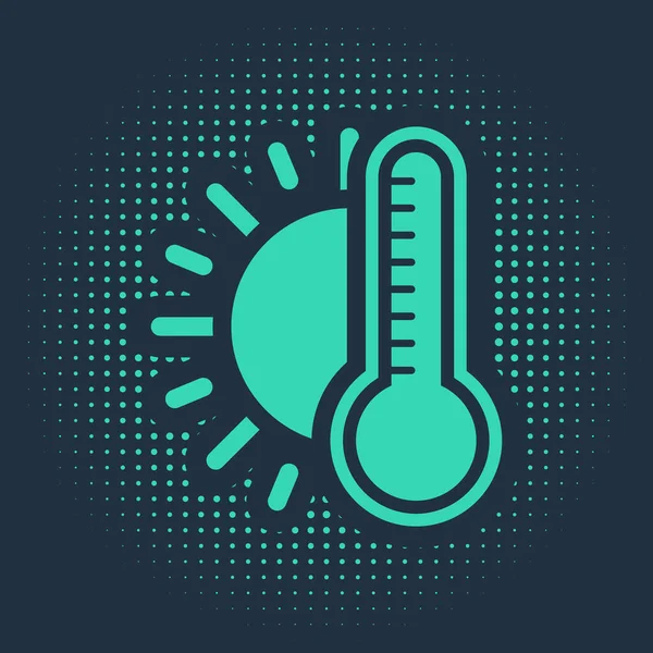 Grön termometer med sol ikon isolerad på blå bakgrund. Abstrakt cirkel slumpmässiga prickar. Vektor Illustration — Stock vektor