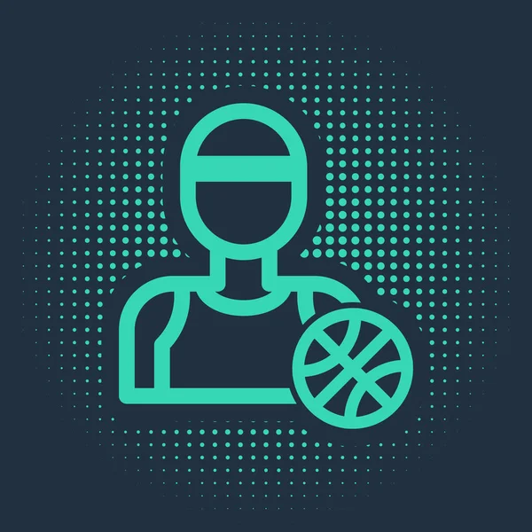 Ícone jogador de basquete verde isolado no fundo azul. Pontos aleatórios de círculo abstrato. Ilustração vetorial —  Vetores de Stock