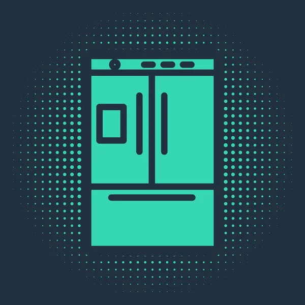 Grünes Kühlschranksymbol isoliert auf blauem Hintergrund. Kühlschrank mit Gefrierfach Kühlschrank. Haushaltstechnologie und Haushaltsgeräte. abstrakte Kreis zufällige Punkte. Vektorillustration — Stockvektor