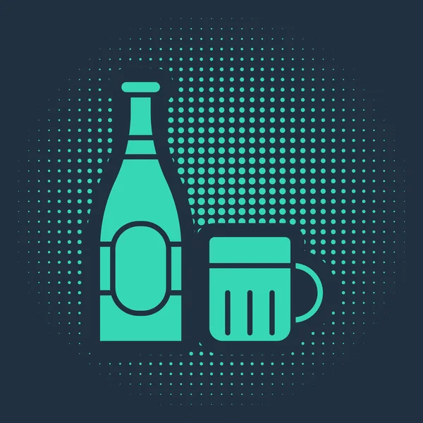 ブルーを基調としたグリーンビールボトルとガラスのアイコン。アルコール飲料のシンボル。抽象円のランダムなドット。ベクターイラスト — ストックベクタ