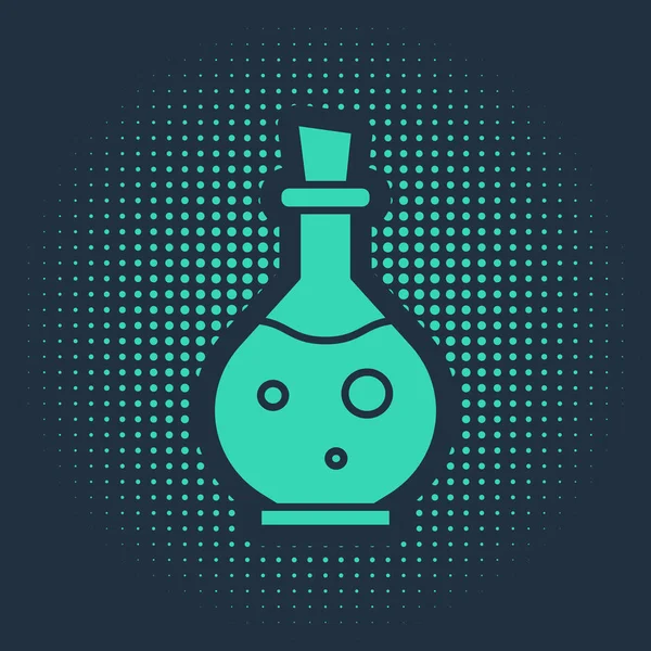 Botella de vidrio verde con ícono mágico de elixir aislado sobre fondo azul. Activo del juego de ordenador. Puntos aleatorios de círculo abstracto. Ilustración vectorial — Vector de stock