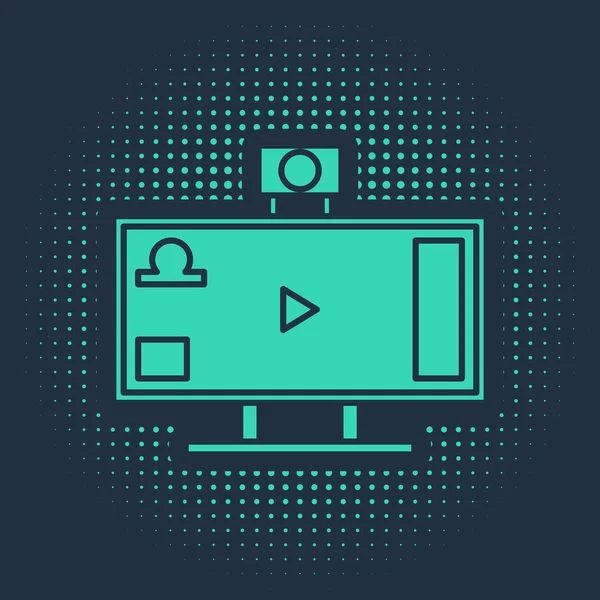 Green Live streaming online videogame play icon isolated on blue background. Abstract circle random dots. Vector Illustration