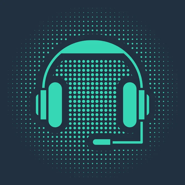 Icono de auriculares verdes aislado sobre fondo azul. Auriculares. Concepto para escuchar música, servicio, comunicación y operador. Puntos aleatorios de círculo abstracto. Ilustración vectorial — Vector de stock