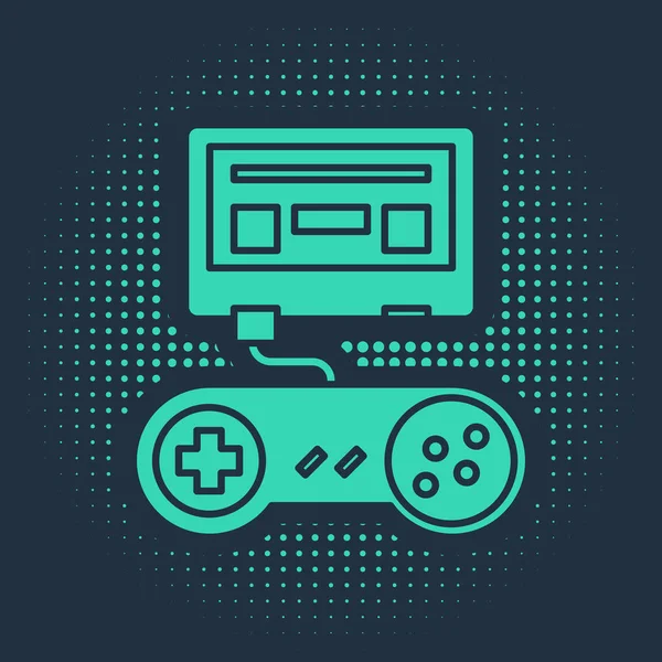 Green Video Game Console with joystick icon isolated on blue background. Абстрактные круговые случайные точки. Векторная миграция — стоковый вектор