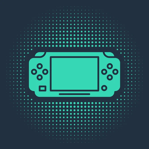 青の背景に隔離された緑のポータブルビデオゲームコンソールアイコン。ゲームパッドのサインだゲームのコンセプト。抽象円のランダムなドット。ベクターイラスト — ストックベクタ