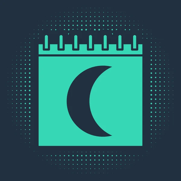 Icono de calendario de fases de luna verde aislado sobre fondo azul. Puntos aleatorios de círculo abstracto. Ilustración vectorial — Vector de stock