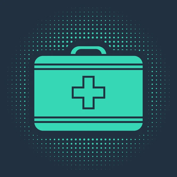 Icono verde kit de primeros auxilios aislado sobre fondo azul. Caja médica con cruz. Equipo médico para emergencias. Concepto de salud. Puntos aleatorios de círculo abstracto. Ilustración vectorial — Vector de stock