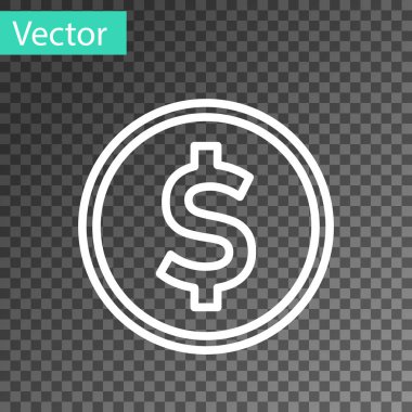Şeffaf arka planda dolar sembolü simgesi olan beyaz çizgi parası. Bankacılık işareti. Para sembolü. Vektör İllüstrasyonu