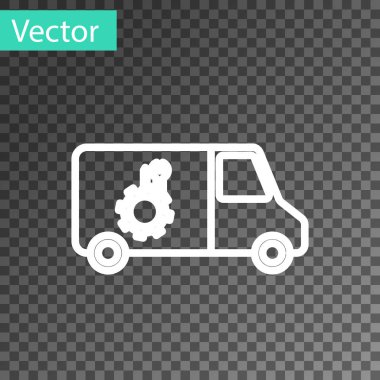 Şeffaf arkaplanda beyaz çizgi araba servis simgesi izole edildi. Tamirci oto tamircisi. Bakım tabelası. Vektör İllüstrasyonu