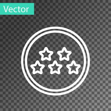 Beyaz çizgi Beş yıldızlı müşteri ürün değerlendirme simgesi şeffaf arkaplanda izole edildi. Favori, en iyi derecelendirme, ödül sembolü. Vektör İllüstrasyonu