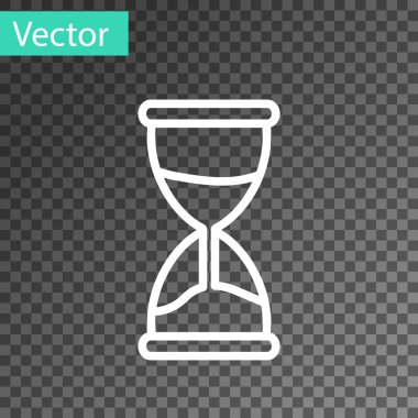 Beyaz çizgi Şeffaf arkaplanda izole edilmiş kum ikonu akan eski kum saati. Kum saati işareti. İş ve zaman yönetimi kavramı. Vektör İllüstrasyonu