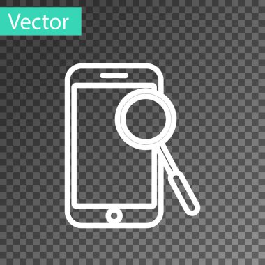 Beyaz çizgi cep telefonu tanılama simgesi şeffaf arkaplanda izole edildi. Uygulama, servis, ayar seçenekleri, bakım, onarım, onarım. Vektör İllüstrasyonu