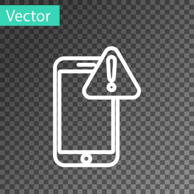 Saydam arkaplanda ünlem işareti simgesi olan beyaz çizgi cep telefonu. Uyarı mesajı akıllı telefon uyarısı. Vektör İllüstrasyonu