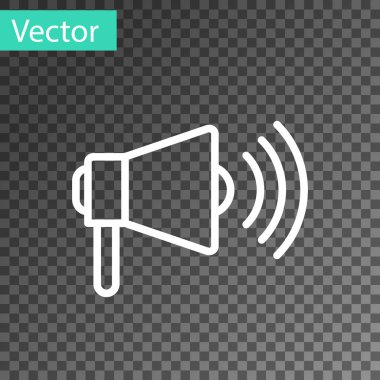 Beyaz çizgi Megafon simgesi şeffaf arkaplanda izole edildi. Yüksek sesle konuşma uyarısı. Ağızlık için megafon, terfi diye bağırıyor. Vektör İllüstrasyonu