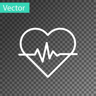 Beyaz çizgi kalp atış hızı simgesi şeffaf arkaplanda izole edildi. Kalp atışı işareti. Kalp atışı ikonu. Kardiyogram simgesi. Vektör İllüstrasyonu