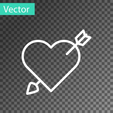 Şeffaf arkaplanda kalp ve ok simgesi olan beyaz çizgi Amour sembolü. Aşk işareti. Sevgililer Günü sembolü. Vektör İllüstrasyonu