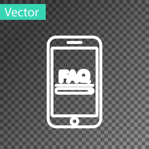 Linha branca Telefone celular com texto FAQ ícone de informação isolado em fundo transparente. Perguntas frequentes. Ilustração vetorial — Vetor de Stock