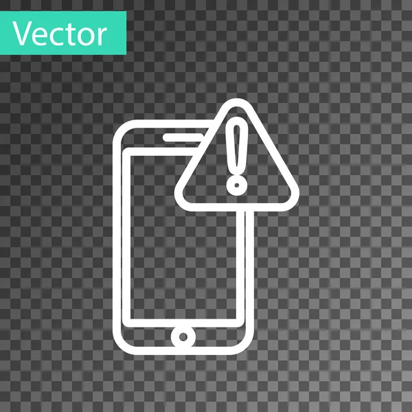 Weiße Linie Mobiltelefon mit Ausrufezeichen Symbol isoliert auf transparentem Hintergrund. Alarmmeldung Smartphone-Benachrichtigung. Vektorillustration — Stockvektor