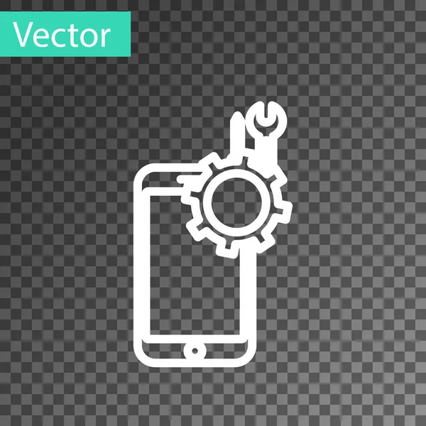 Línea blanca Teléfono móvil con destornillador e icono de llave aislada sobre fondo transparente. Ajuste, servicio, ajuste, mantenimiento, reparación. Ilustración vectorial — Vector de stock