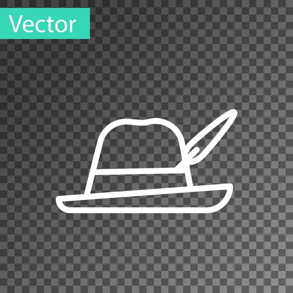 Línea blanca Oktoberfest sombrero icono aislado sobre fondo transparente. Sombrero de cazador con pluma. Sombrero alemán. Ilustración vectorial — Vector de stock