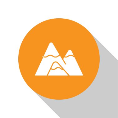 Beyaz Dağlar simgesi beyaz arkaplanda izole edildi. Zaferin ya da başarının sembolü. Turuncu daire düğmesi. Vektör İllüstrasyonu