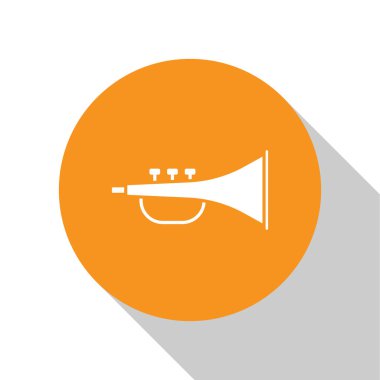 Beyaz müzikal enstrüman trompet ikonu beyaz arka planda izole edildi. Turuncu daire düğmesi. Vektör İllüstrasyonu