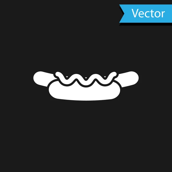 Sandwich Hotdog blanco con icono de mostaza aislado sobre fondo negro. Icono de salchicha. Menú de comida rápida. Ilustración vectorial — Vector de stock