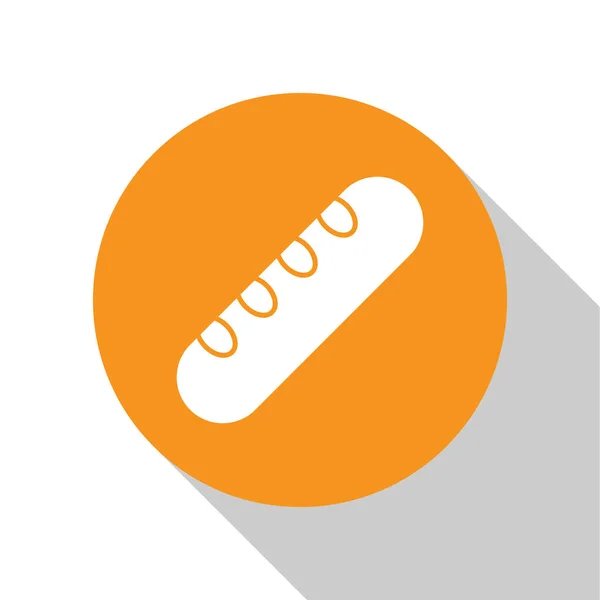 Icono de pan baguette francés blanco aislado sobre fondo blanco. Botón círculo naranja. Ilustración vectorial — Vector de stock