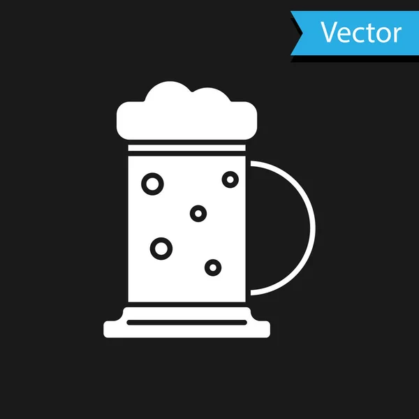 Witte houten biermok icoon geïsoleerd op zwarte achtergrond. Vector Illustratie — Stockvector