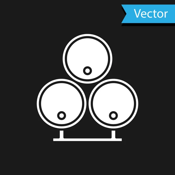 Witte houten vaten pictogram geïsoleerd op zwarte achtergrond. Alcoholvat, drinkbak, houten vat voor bier, whisky, wijn. Vector Illustratie — Stockvector