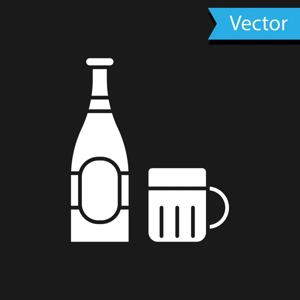 Frasco de cerveja branca e ícone de vidro isolado no fundo preto. Símbolo da bebida alcoólica. Ilustração vetorial — Vetor de Stock