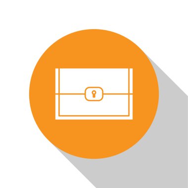 Oyun simgesi için Beyaz Sandık beyaz arkaplanda izole edildi. Turuncu daire düğmesi. Vektör İllüstrasyonu