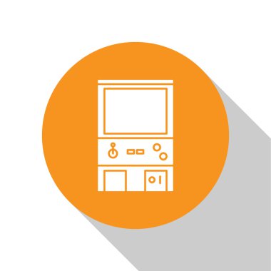 Beyaz Retro oyun makinesi simgesi beyaz arkaplanda izole edildi. Turuncu daire düğmesi. Vektör İllüstrasyonu