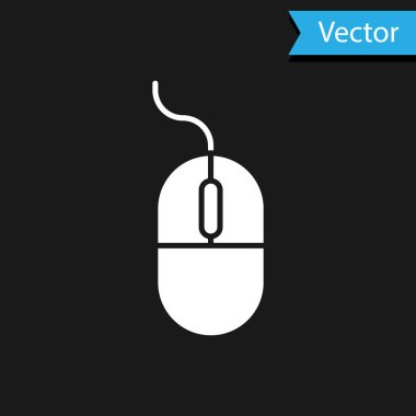 Beyaz Bilgisayar fare simgesi siyah arkaplanda izole edildi. Tekerlek sembollü optik. Vektör İllüstrasyonu