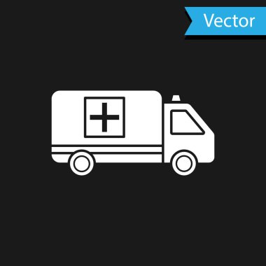 Siyah arka planda beyaz ambulans ve acil durum arabası ikonu var. Ambulans aracı tıbbi tahliye. Vektör İllüstrasyonu