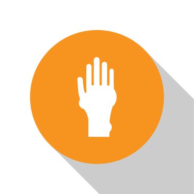 Beyaz arka planda sedef ya da egzama ikonu olan beyaz el. Alerjene veya kronik vücut sorununa karşı insan derisi tepkisi kavramı. Turuncu daire düğmesi. Vektör İllüstrasyonu