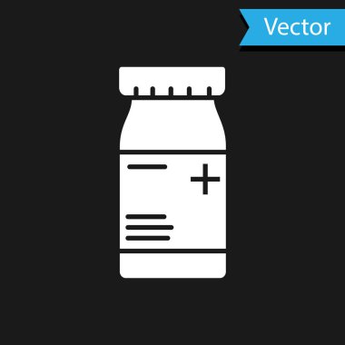 Beyaz Tıp şişe ve hap simgesi siyah arka plan üzerinde izole. Şişe hapı işareti. Eczane tasarımı. Vektör İllüstrasyonu