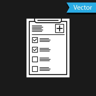 Siyah arka plan üzerinde izole klinik kayıt simgesi ile Beyaz Tıbbi pano. Sağlık sigortası formu. Reçete, tıbbi kontrol izleri raporu. Vektör İllüstrasyonu