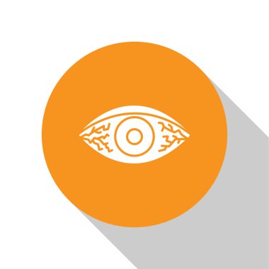 Beyaz arka planda bulunan viral, bakteriyel ya da alerjik konjonktivit ikonu nedeniyle beyaz göz. Turuncu daire düğmesi. Vektör İllüstrasyonu