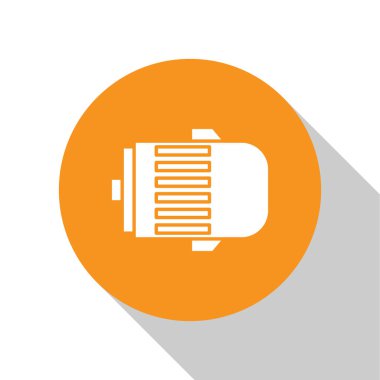 Beyaz Elektrik motor simgesi beyaz arkaplanda izole edildi. Araba alternatörü. Turuncu daire düğmesi. Vektör İllüstrasyonu