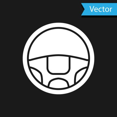 Beyaz direksiyon simgesi siyah arkaplanda izole edildi. Araba tekeri ikonu. Vektör İllüstrasyonu